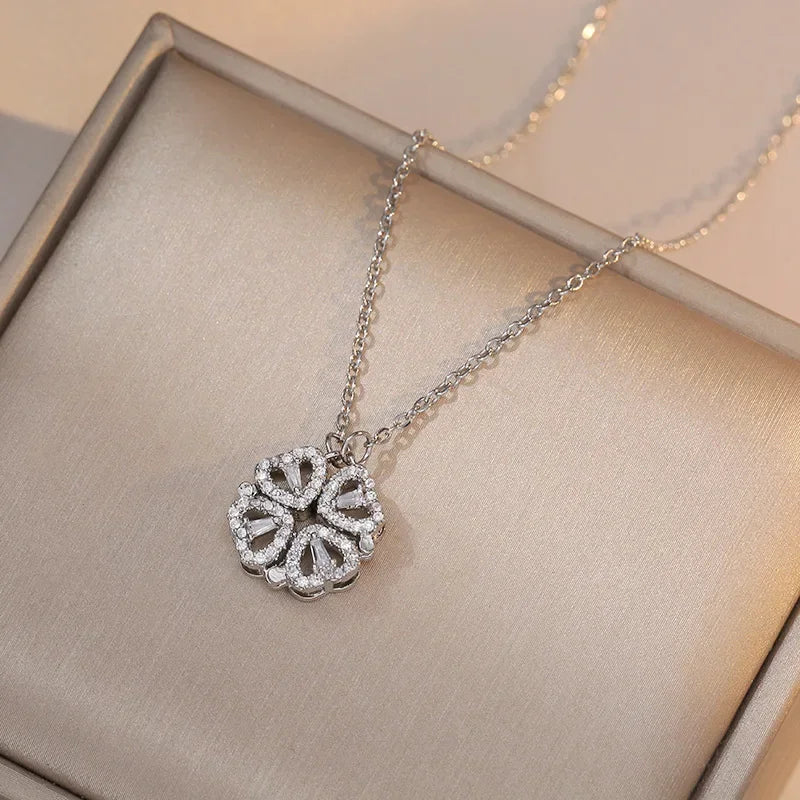 Sparkling Heart-shaped Four Leaf Clover Zircon Pendant Necklace Deformed 4-in-1 Love Titanium Steel Necklace Jewelry