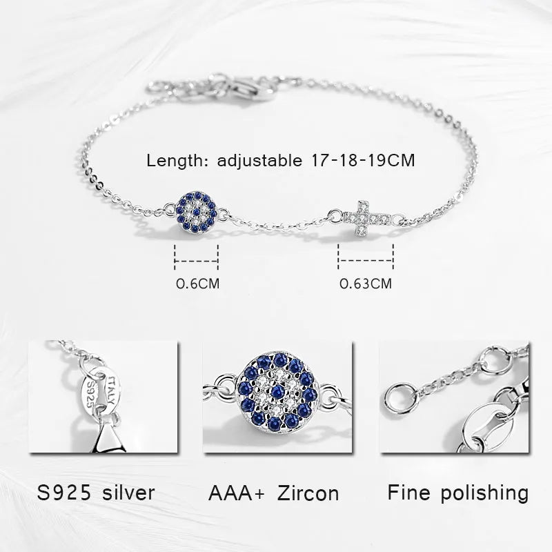 Blue Evil Eye Cross Bracelet 925 Sterling Silver Small Bracelets For Women Good Luck CZ Jewelry