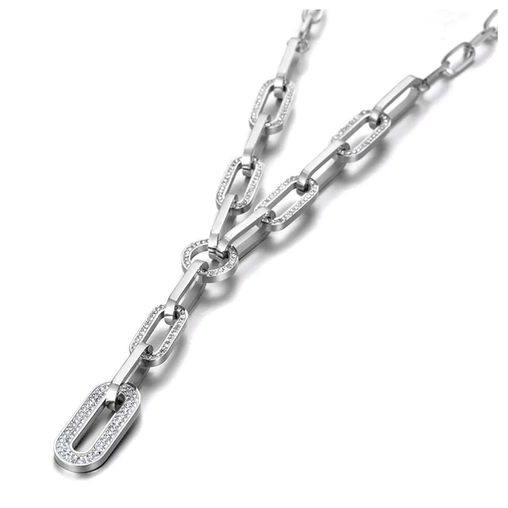 Hiphop/Rock Titanium Stainless Steel Crystal Paperclip Chain & Link Necklace