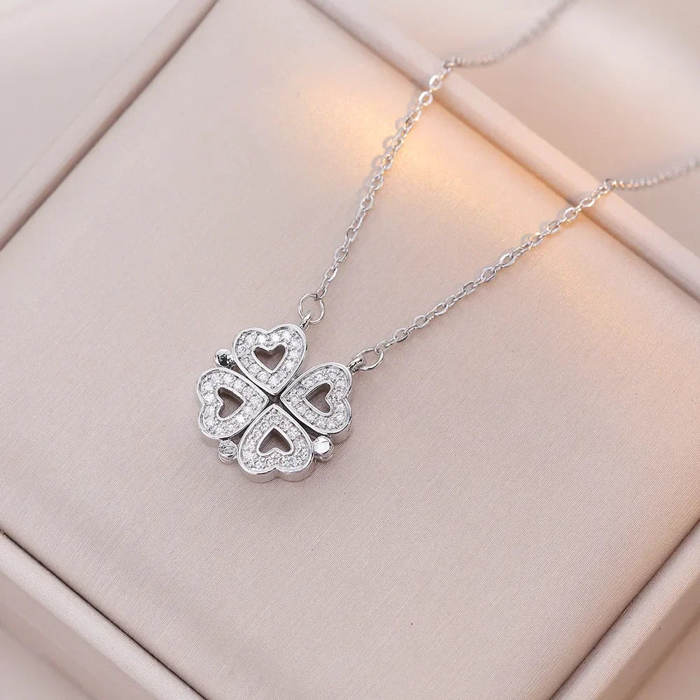 Sparkling Heart-shaped Four Leaf Clover Zircon Pendant Necklace Deformed 4-in-1 Love Titanium Steel Necklace Jewelry
