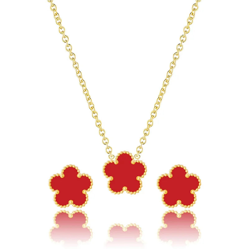 Five Clover Leaf Flower Stainless Steel Gold plated Necklace & Earrings Set for Women