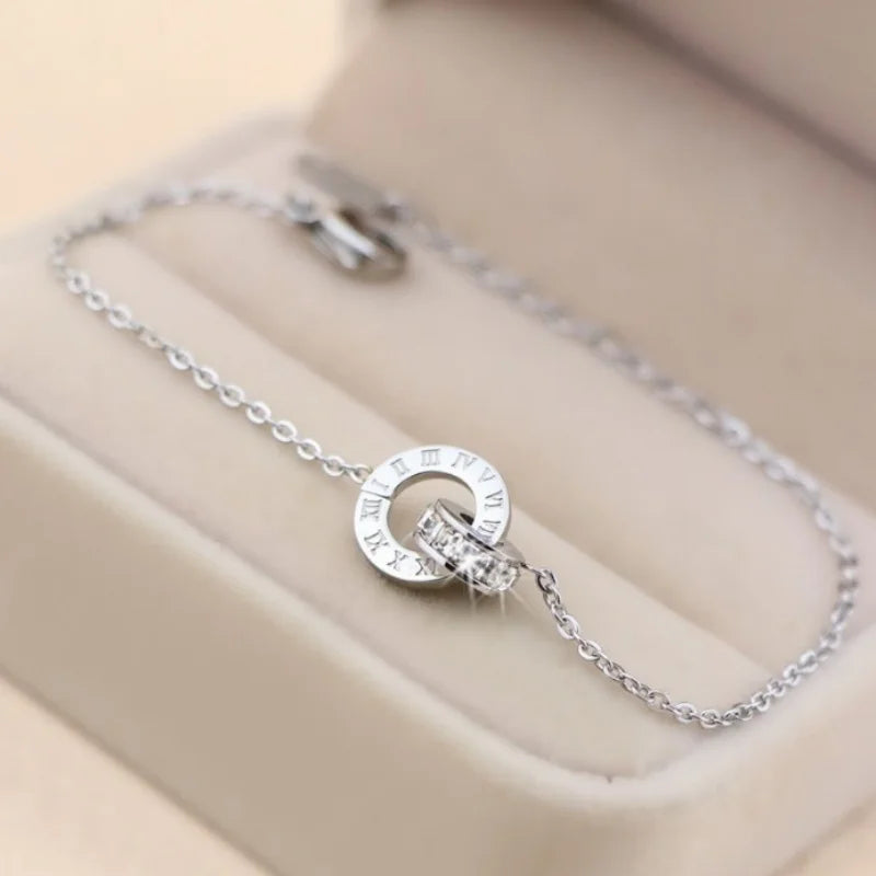 3Pcs Stainless Steel Gold Plated French Roman Numeral Zircon Necklace Bracelet Earrings for Women