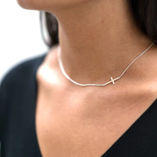 Sterling Silver Cross Sideway Chain Women Ladies Simple Fashion Necklace