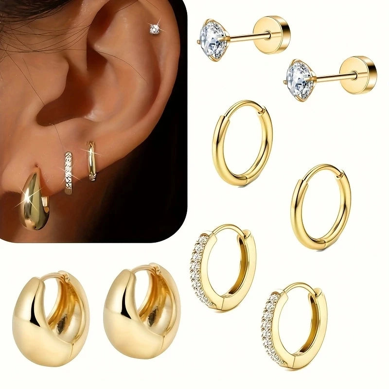 8pcs Hypoallergenic Thick Earrings Stainless Steel Jewelry Set