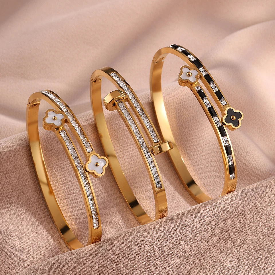 3Pcs/Sets Stainless Steel Clover Flower Cross Nail Bracelet for Women