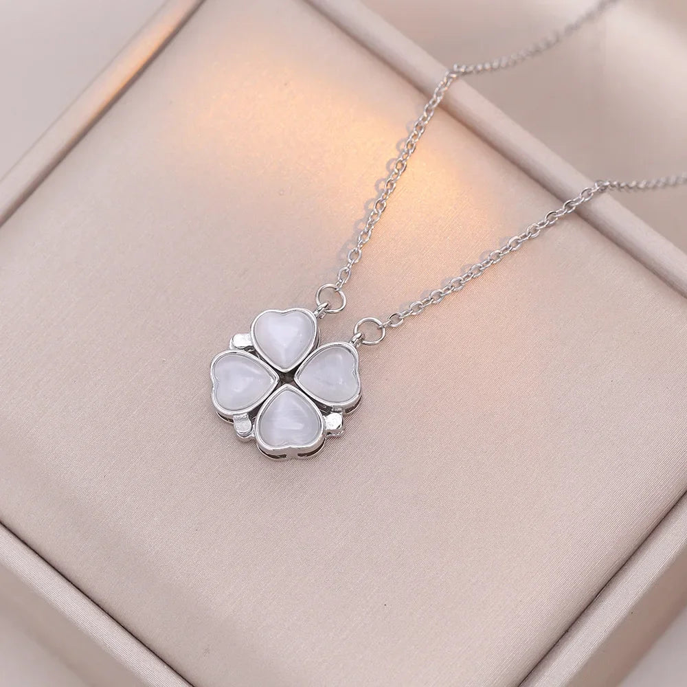 Sparkling Heart-shaped Four Leaf Clover Zircon Pendant Necklace Deformed 4-in-1 Love Titanium Steel Necklace Jewelry