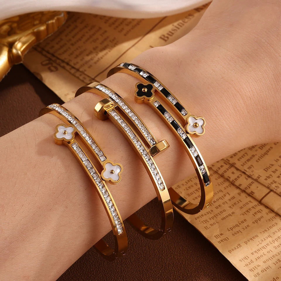 3Pcs/Sets Stainless Steel Clover Flower Cross Nail Bracelet for Women