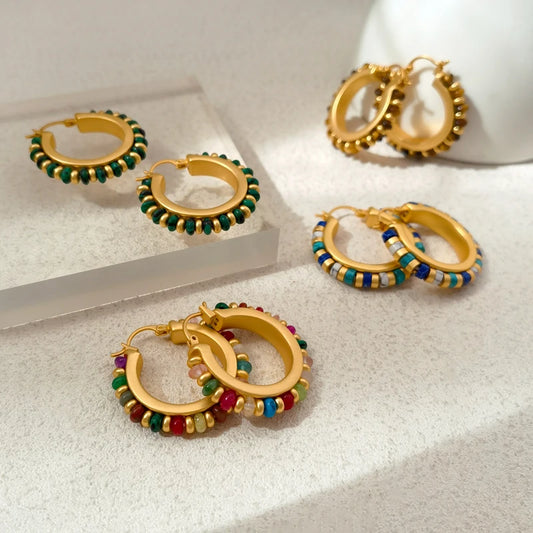 Retro Jewelry Green Stones Earrings Luxury Design High Quality Brass Metal Gold Color Hoop Earrings For Women 2023