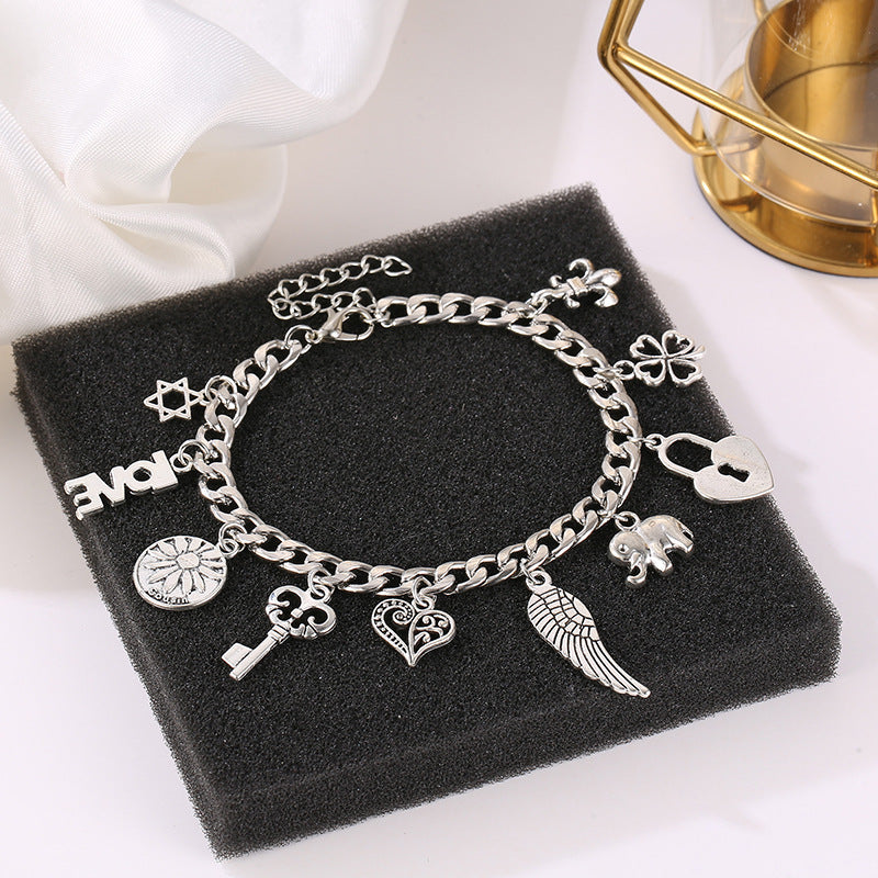 Elephant Letter Four Leaf Clover Pendant Bracelet