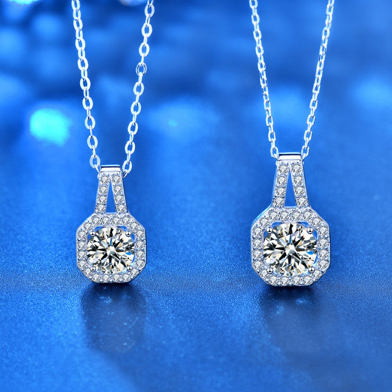 Sterling Silver Moissanite Round Halo Pendant Necklace