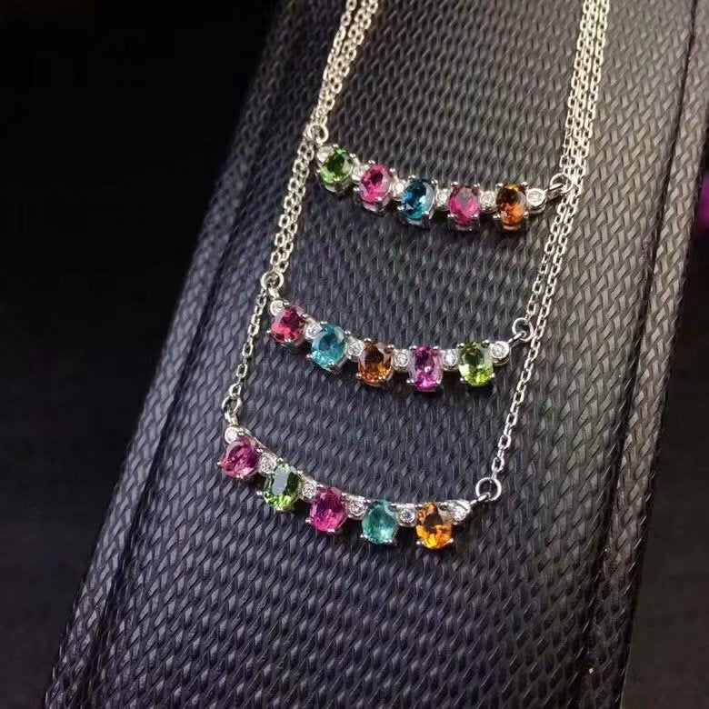 Natural Tourmaline Clavicle Chain 925 Silver Platinum Plated 925 Silver